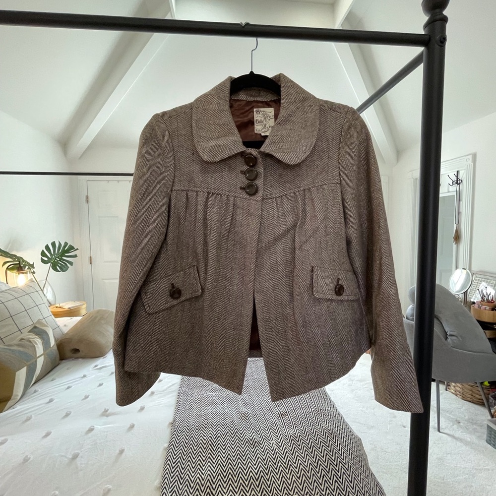 Brown and Ivory Herringbone Short Coat
